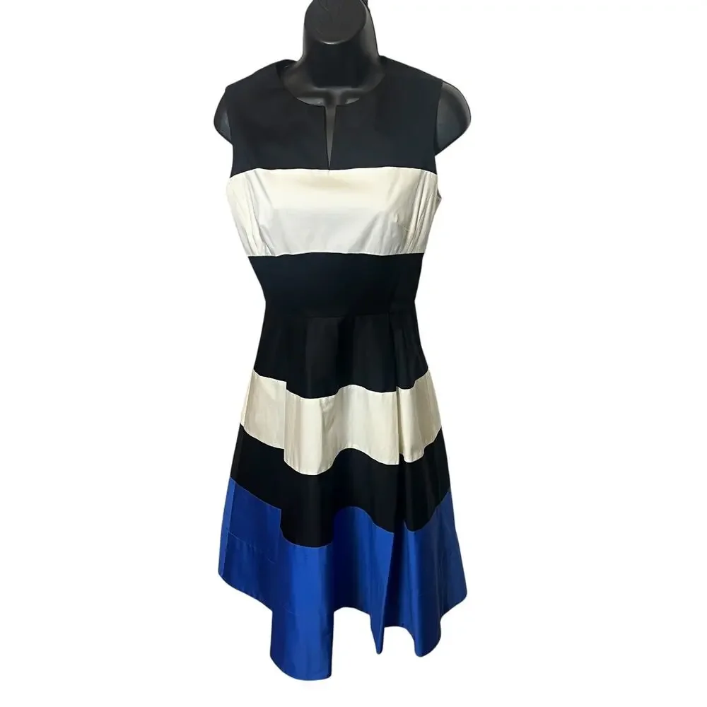 Kate Spade Corley Dress 2 Silk Cotton Colorblock Fit Flare Blue Black White